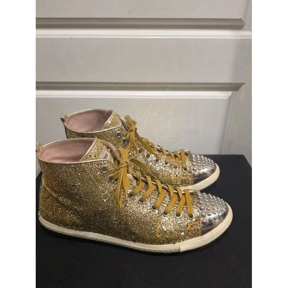 Miu Miu Glitter Studded High‎ Top Sneakers Sz 39.5 Gold Sparkle Silver Studs